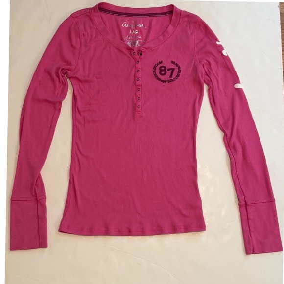 Aeropostale Tops - Aeropostale Pink Ribbed Henley Long Sleeve Graphic Shirt 87 Logo Large